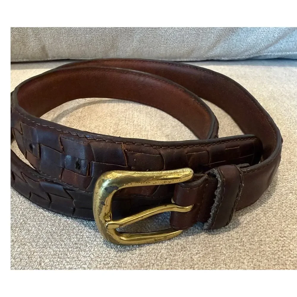 VTG Genuine Leather Belt Men Brown Woven Braided Solid Brass Buckle Size 38